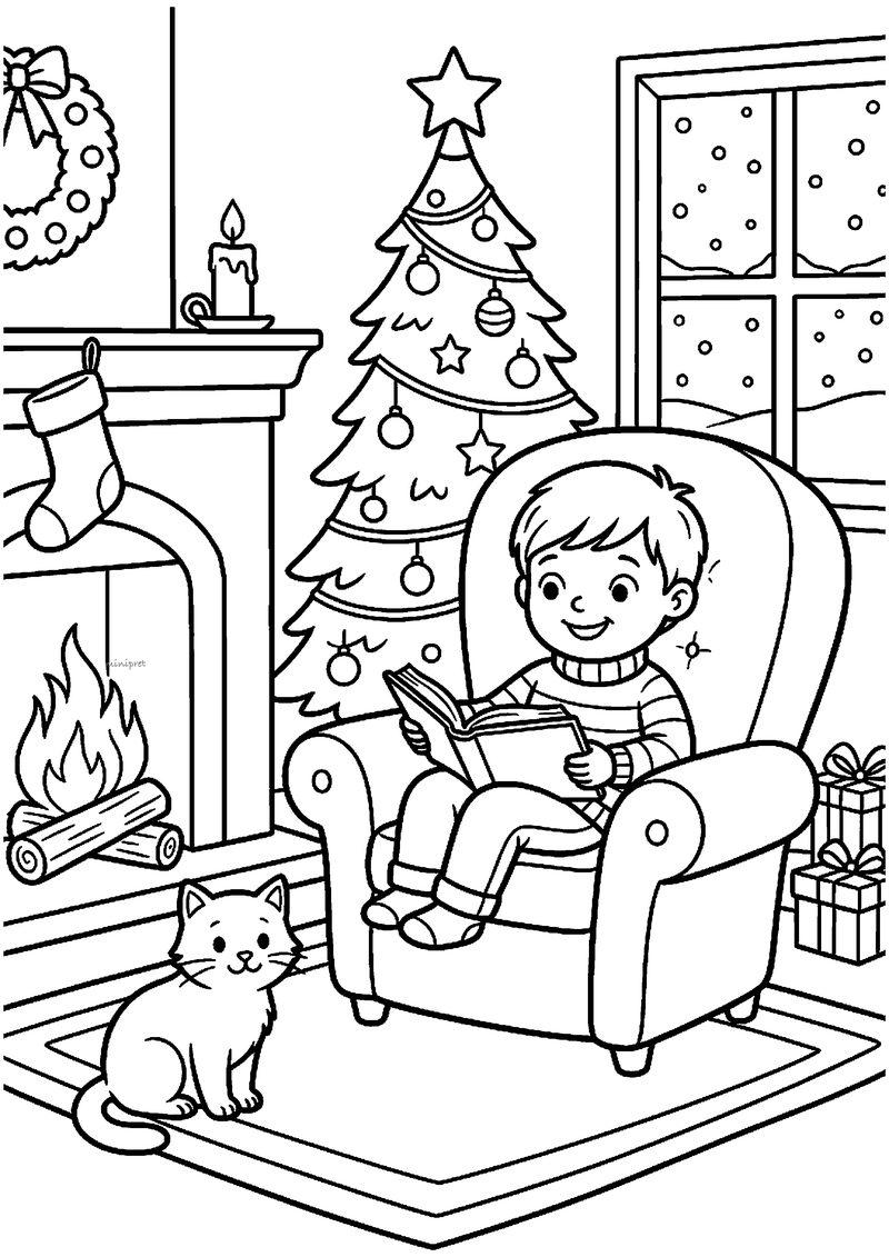 Kleurplaat van een lachende jongen die in een fauteuil bij de haard een boek leest met kat, kerstboom en cadeaus.