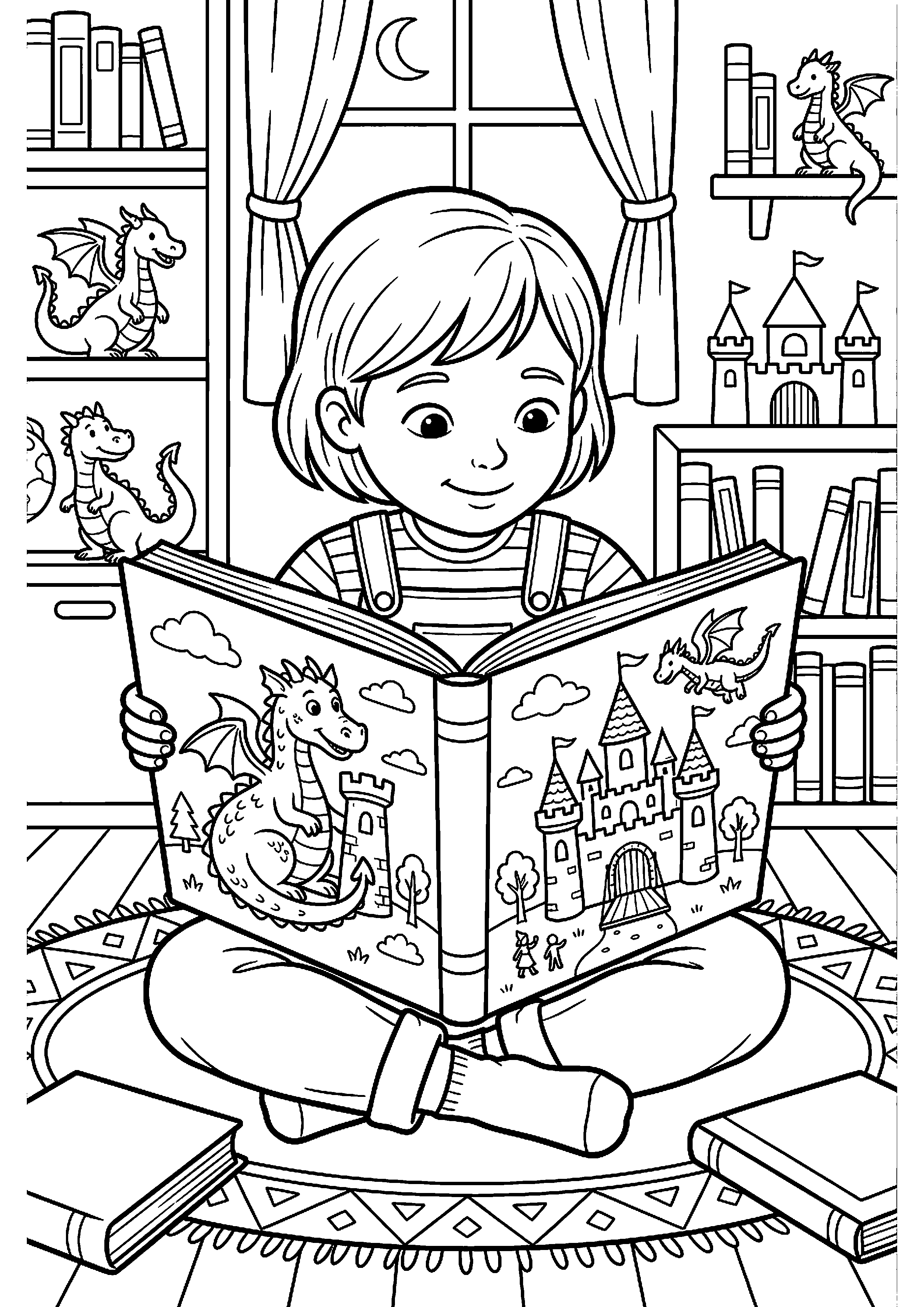 Kind leest boek met kastelen en draken kleurplaat — gratis kleurplaat