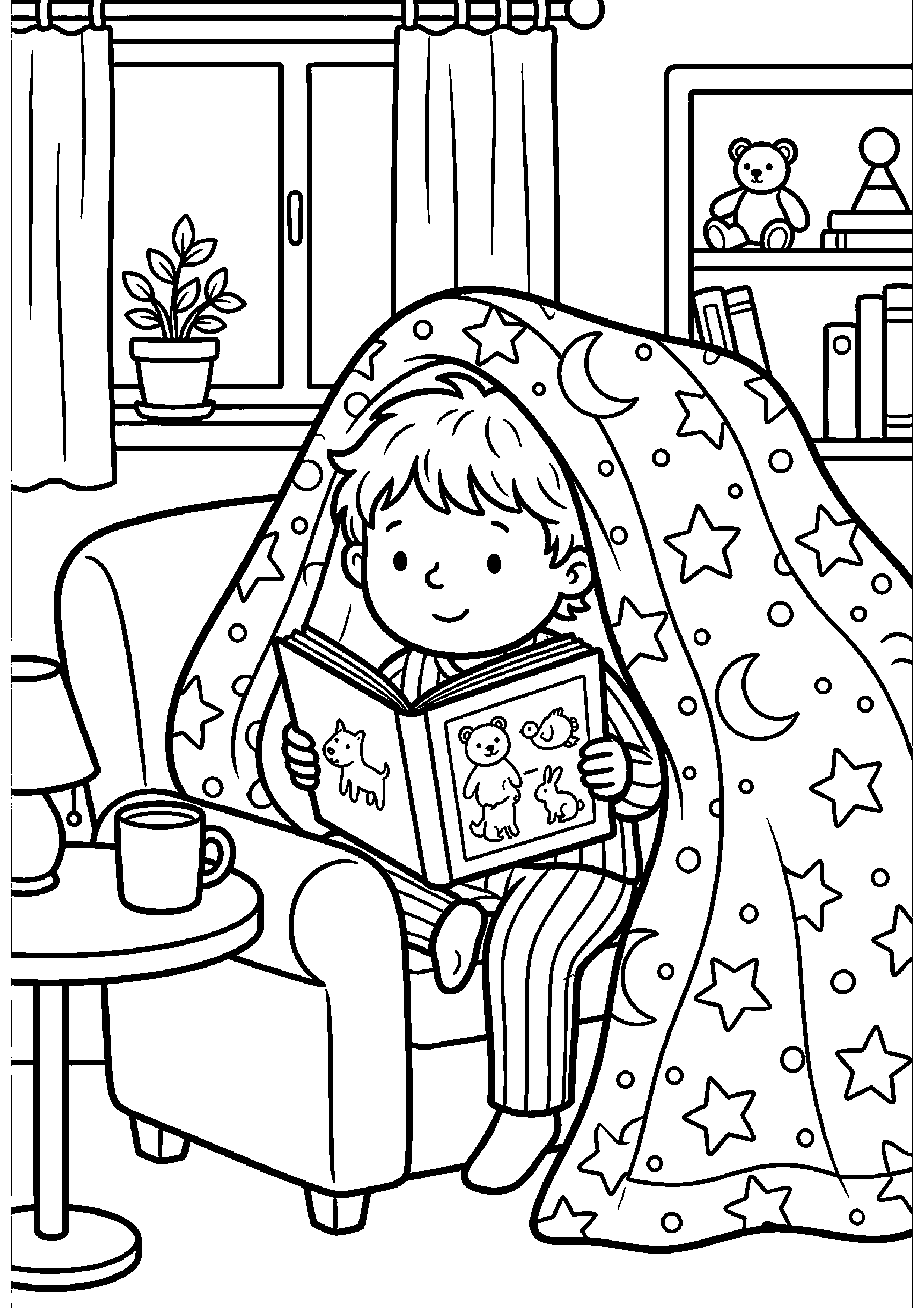 Kind leest boek onder dekentje kleurplaat — gratis kleurplaat