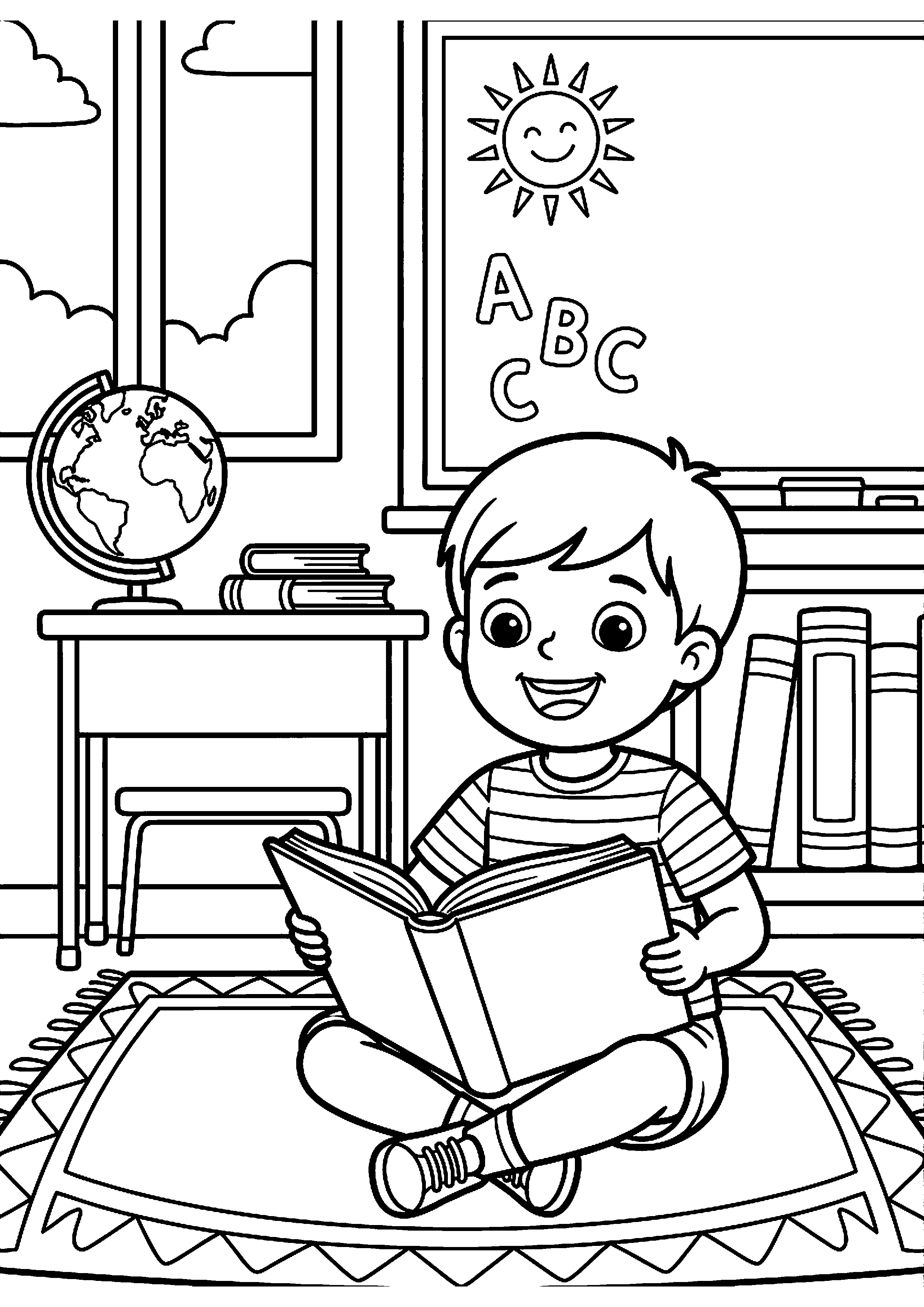 Kind leest boek op school kleurplaat — gratis kleurplaat