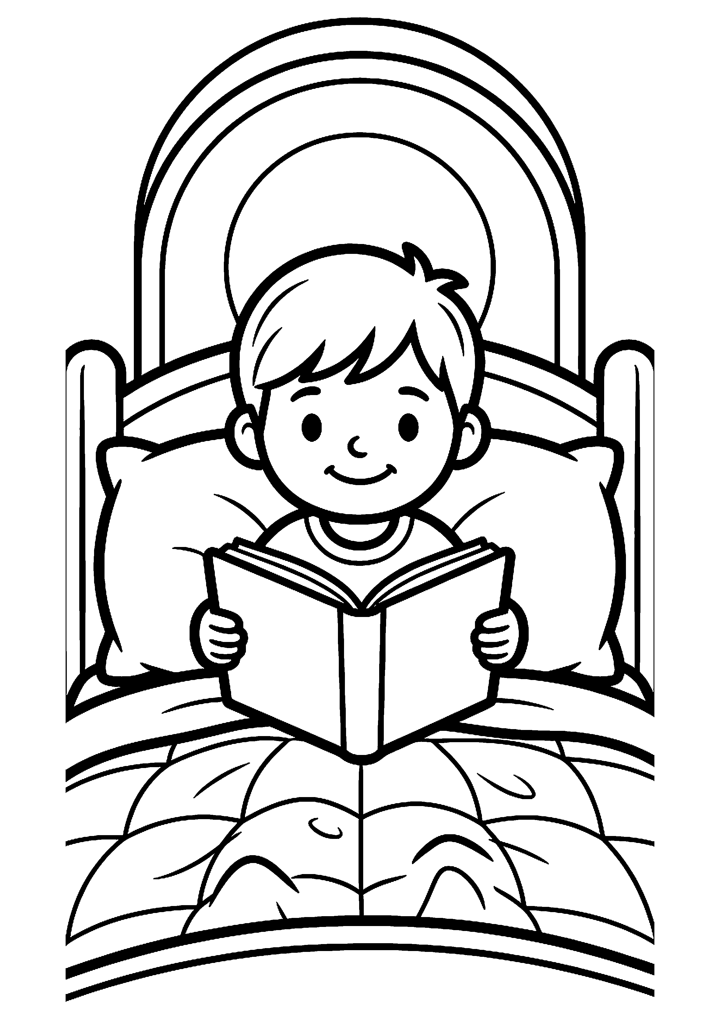 Kind leest een boek in bed kleurplaat — gratis kleurplaat