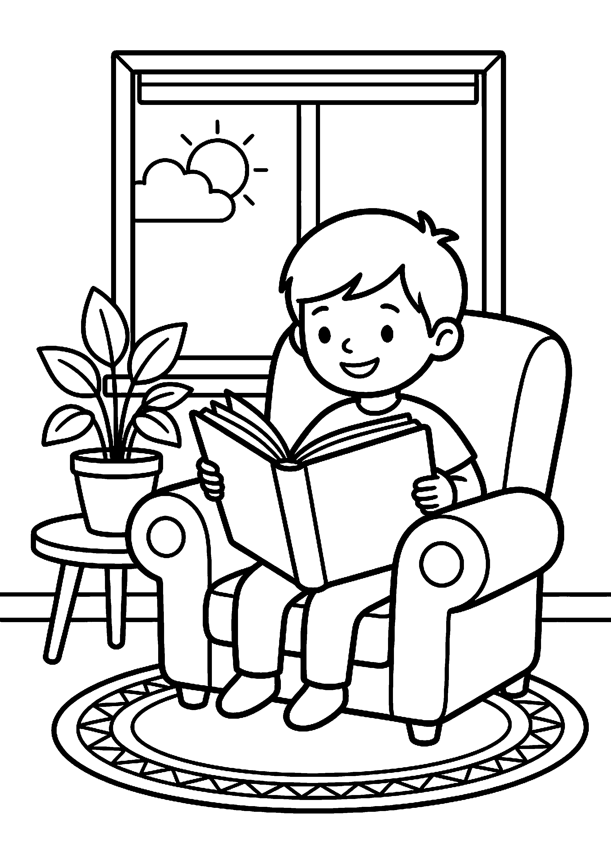 Kind leest een boek op een stoel kleurplaat — gratis kleurplaat