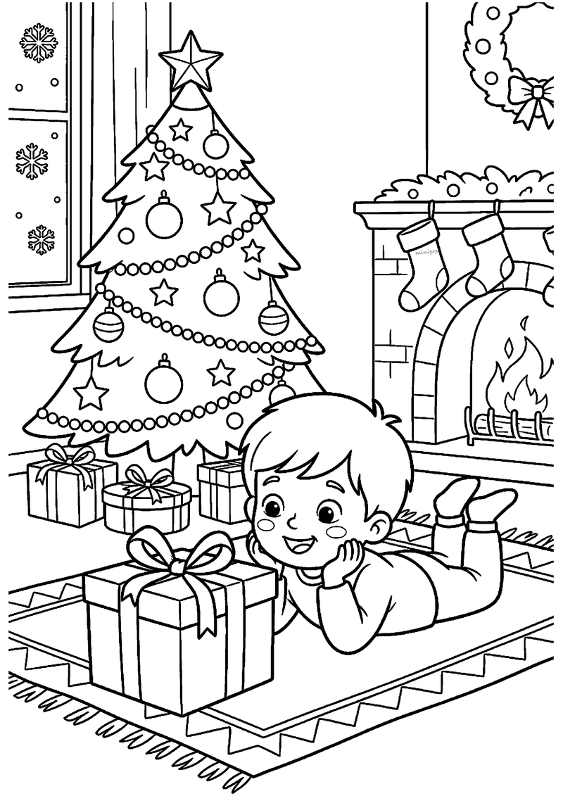 Kleurplaat van een lachende jongen die op zijn buik met kin op handen voor een groot cadeau ligt onder de kerstboom.