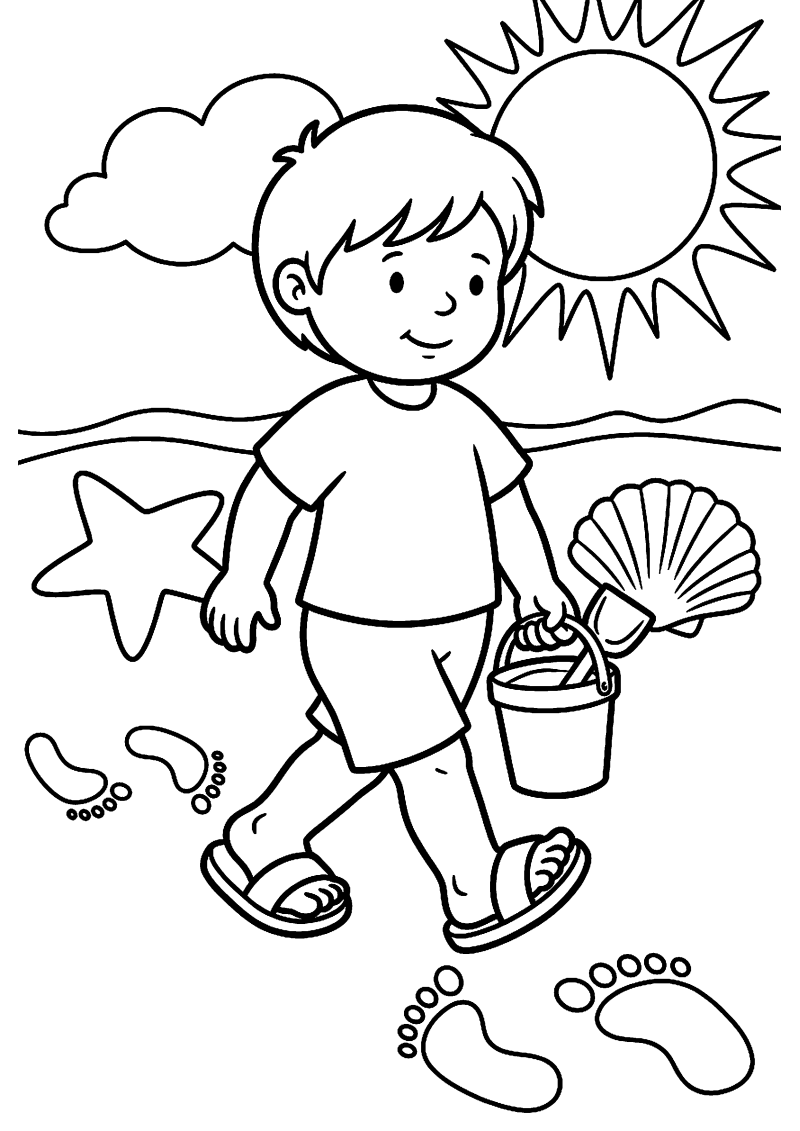 Kind loopt met slippers op strand kleurplaat — gratis kleurplaat