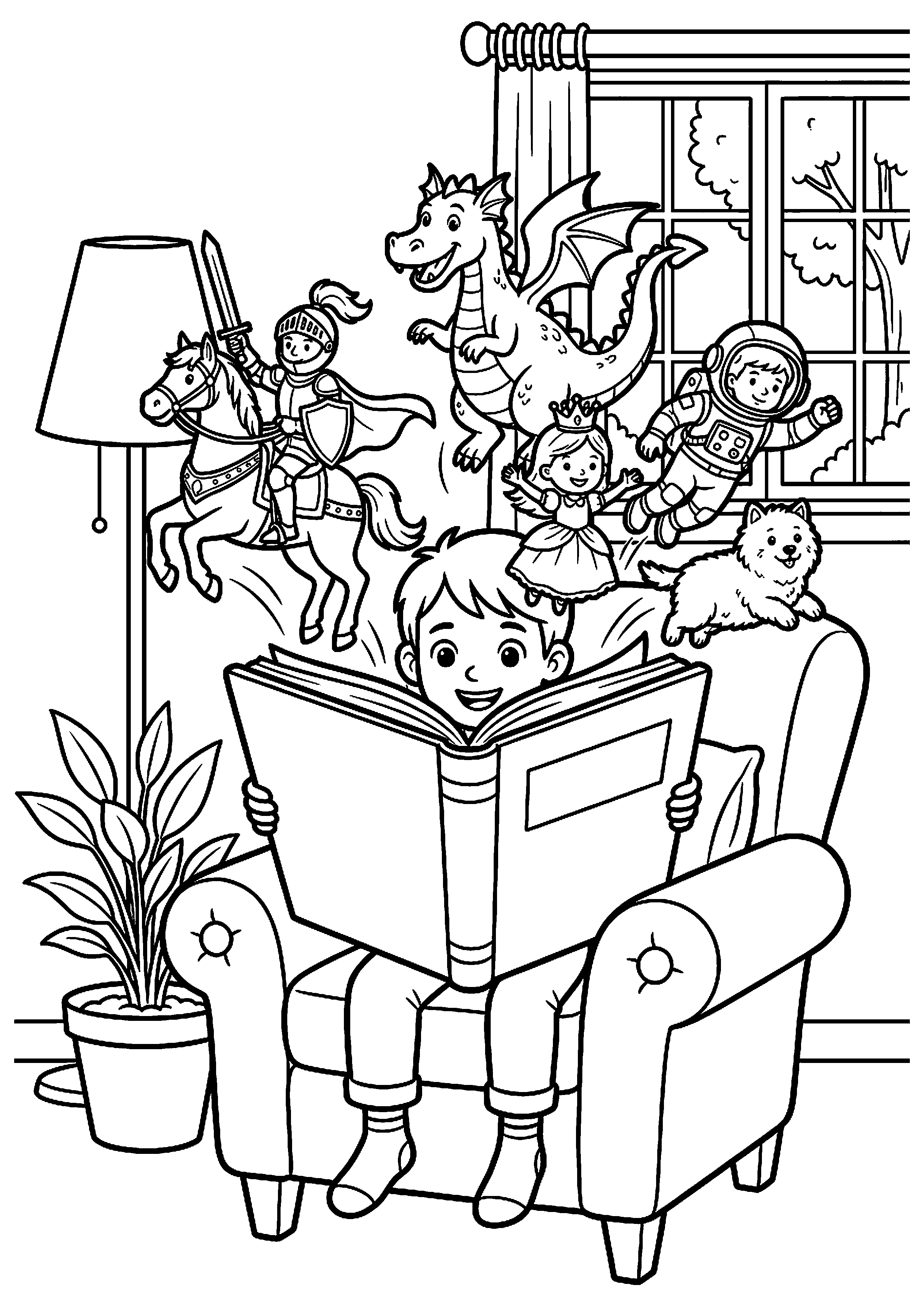 Kind met boek waar figuren uit springen kleurplaat — gratis kleurplaat