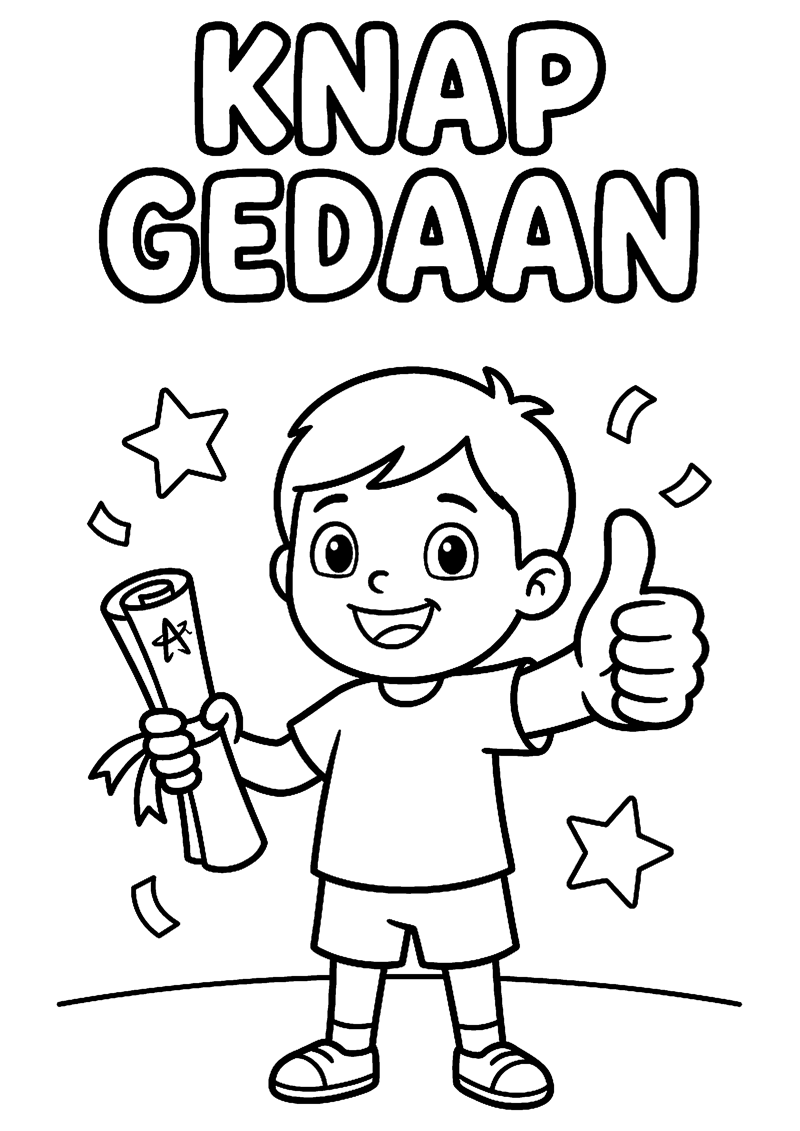 Kind met Diploma en Duim Omhoog met Tekst Knap Gedaan Geslaagd Kleurplaat — gratis kleurplaat