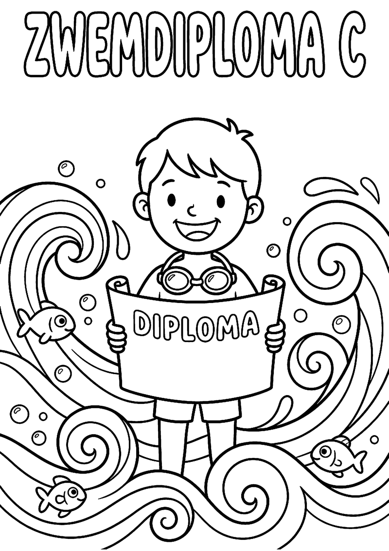Kind met Diploma Zwembril en Golven met Tekst Zwemdiploma C Geslaagd Kleurplaat — gratis kleurplaat