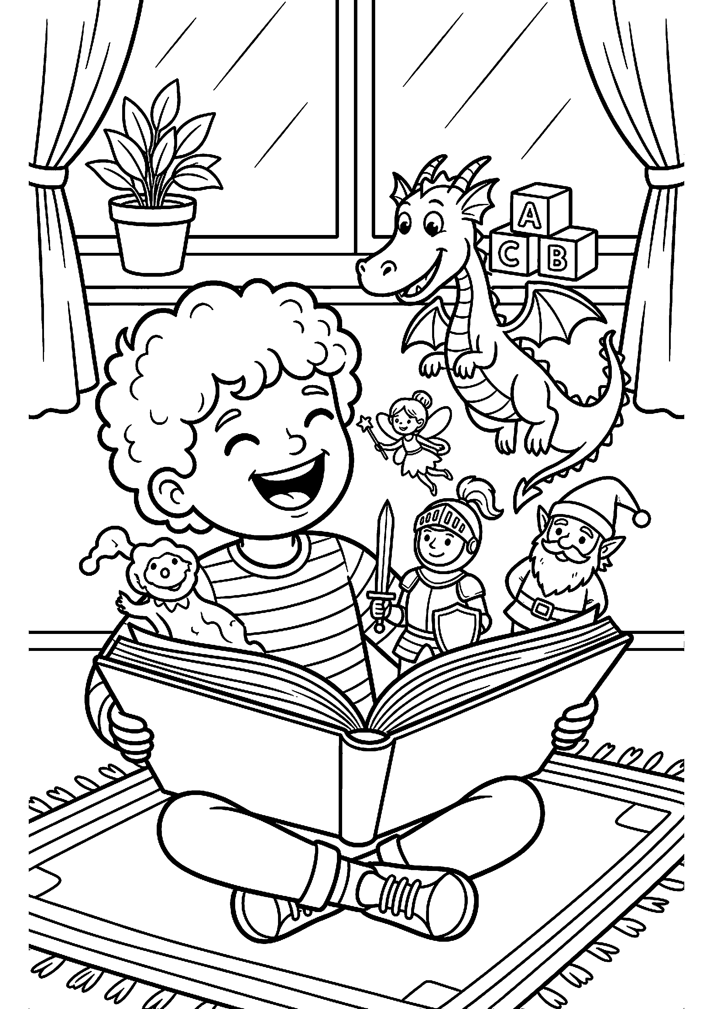 Kind met fantasiefiguren uit boek kleurplaat — gratis kleurplaat