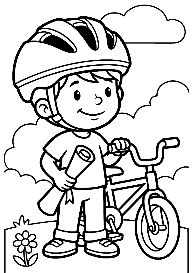 Kind met Fiets Helm en Diploma Geslaagd Kleurplaat — gratis kleurplaat