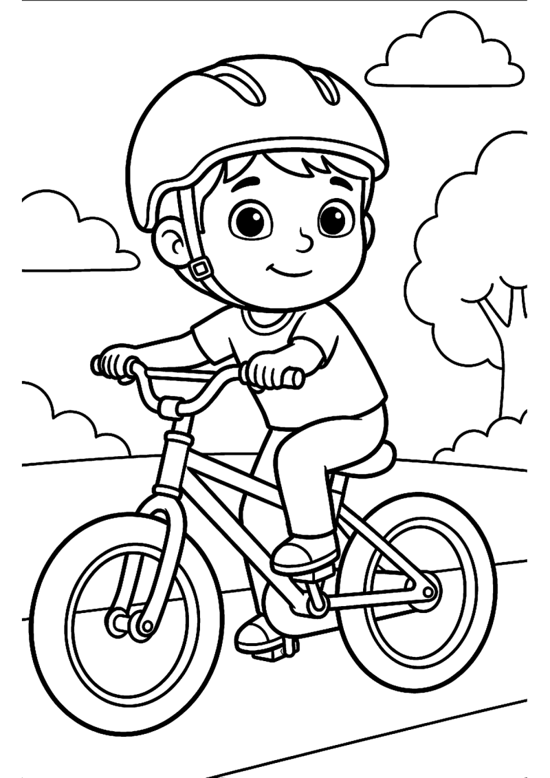 Kind met helm op fiets kleurplaat — gratis kleurplaat