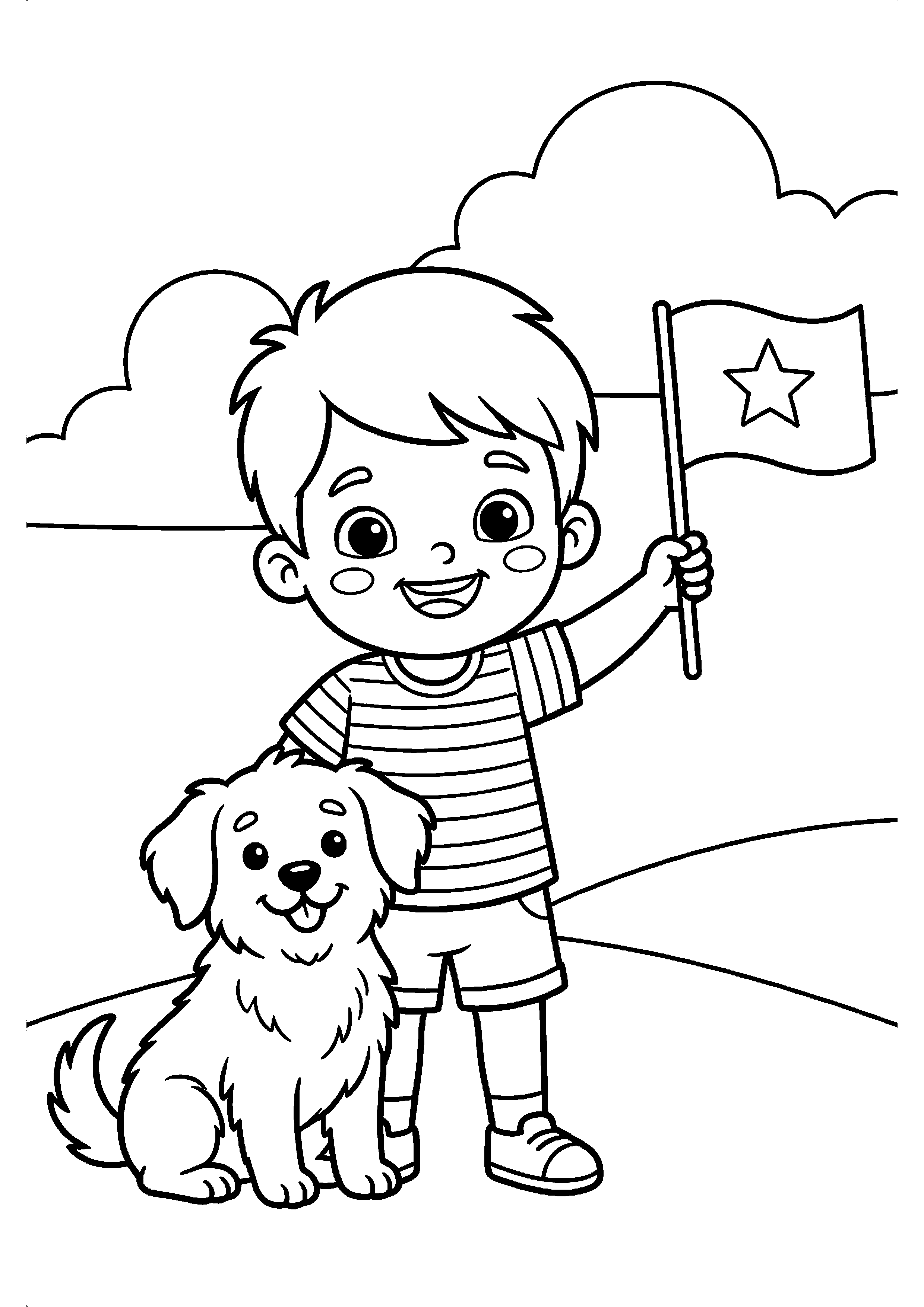 Kind met pet en vlag kleurplaat — gratis kleurplaat