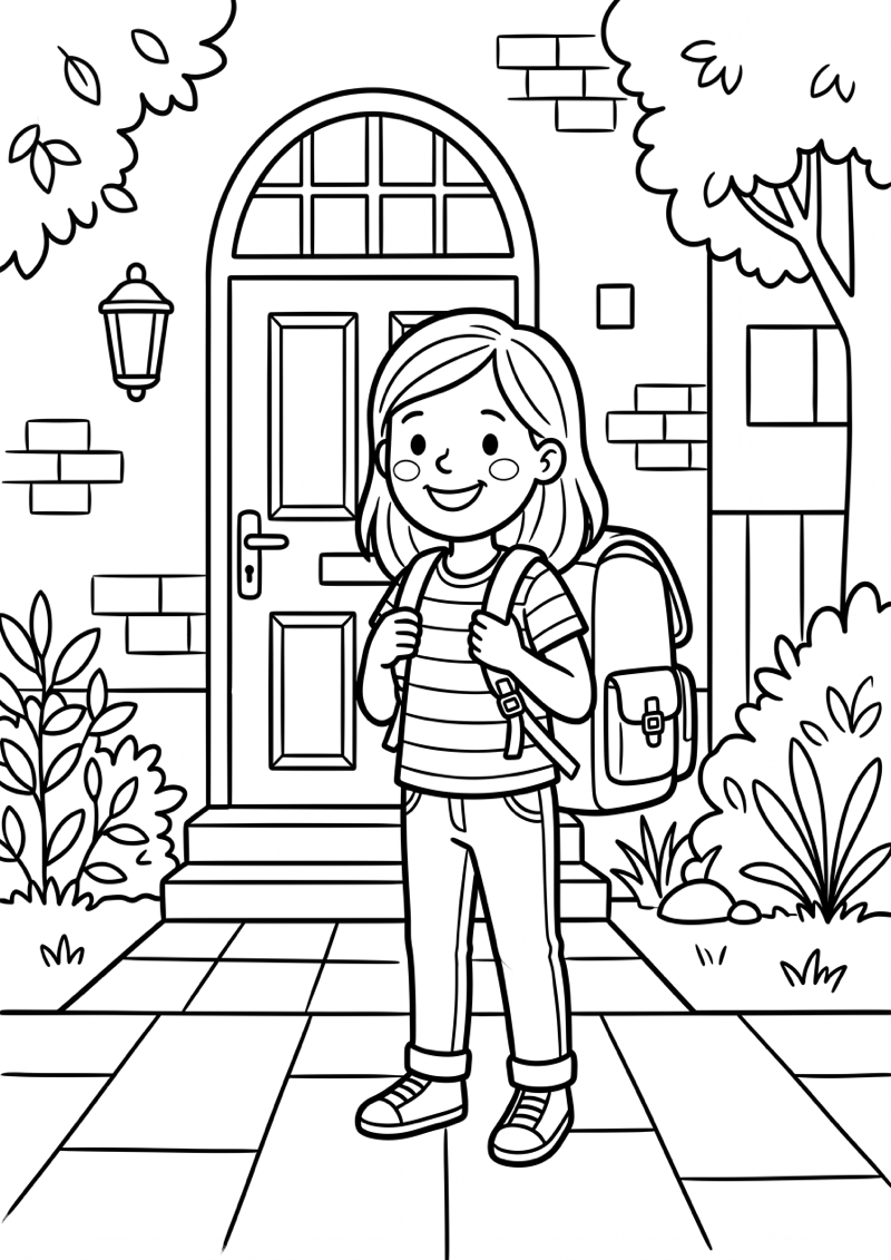 Kind met Rugzak voor Schooldeur Kleurplaat — gratis kleurplaat