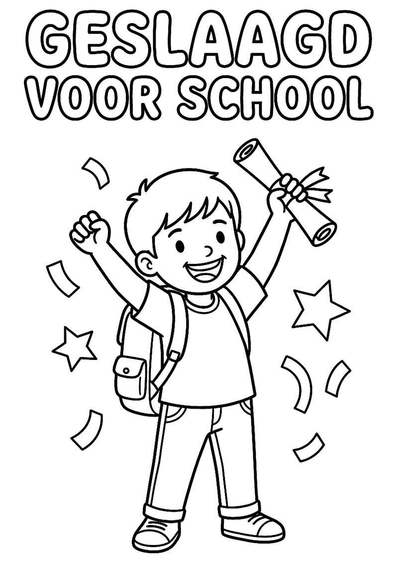 Kind met Schooltas Diploma en Juichende Pose met Tekst Geslaagd voor School Geslaagd Kleurplaat — gratis kleurplaat