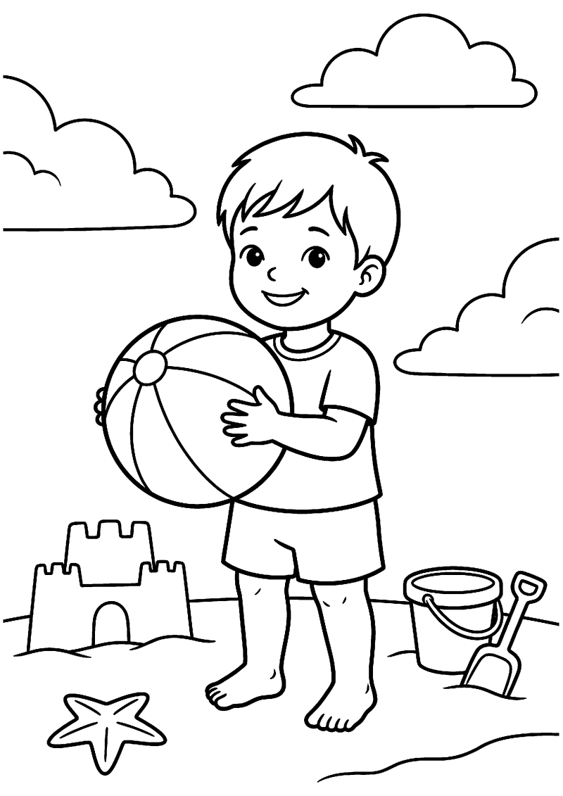 Kind met strandbal kleurplaat — gratis kleurplaat