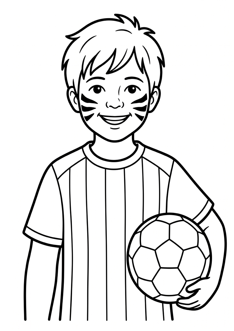 Kind met Voetbalshirt en Schminkstrepen Kleurplaat — gratis kleurplaat printen