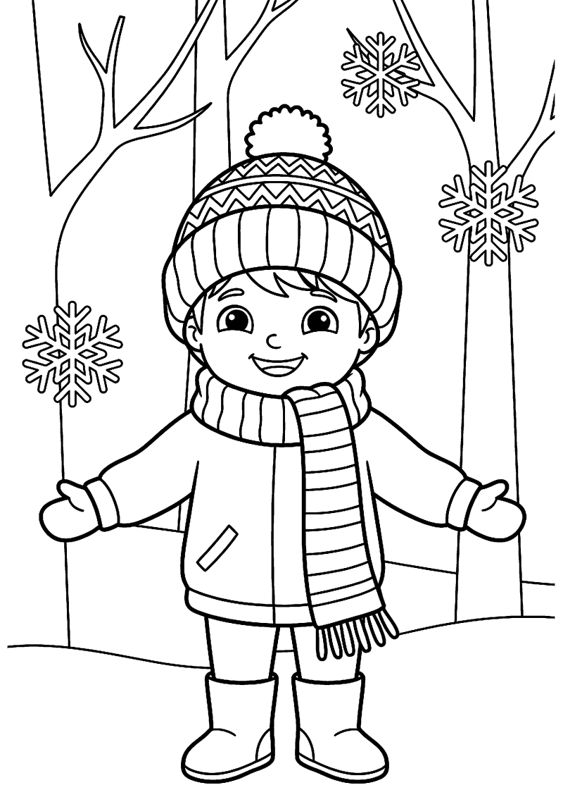 Kind met warme muts en sjaal kleurplaat — gratis kleurplaat