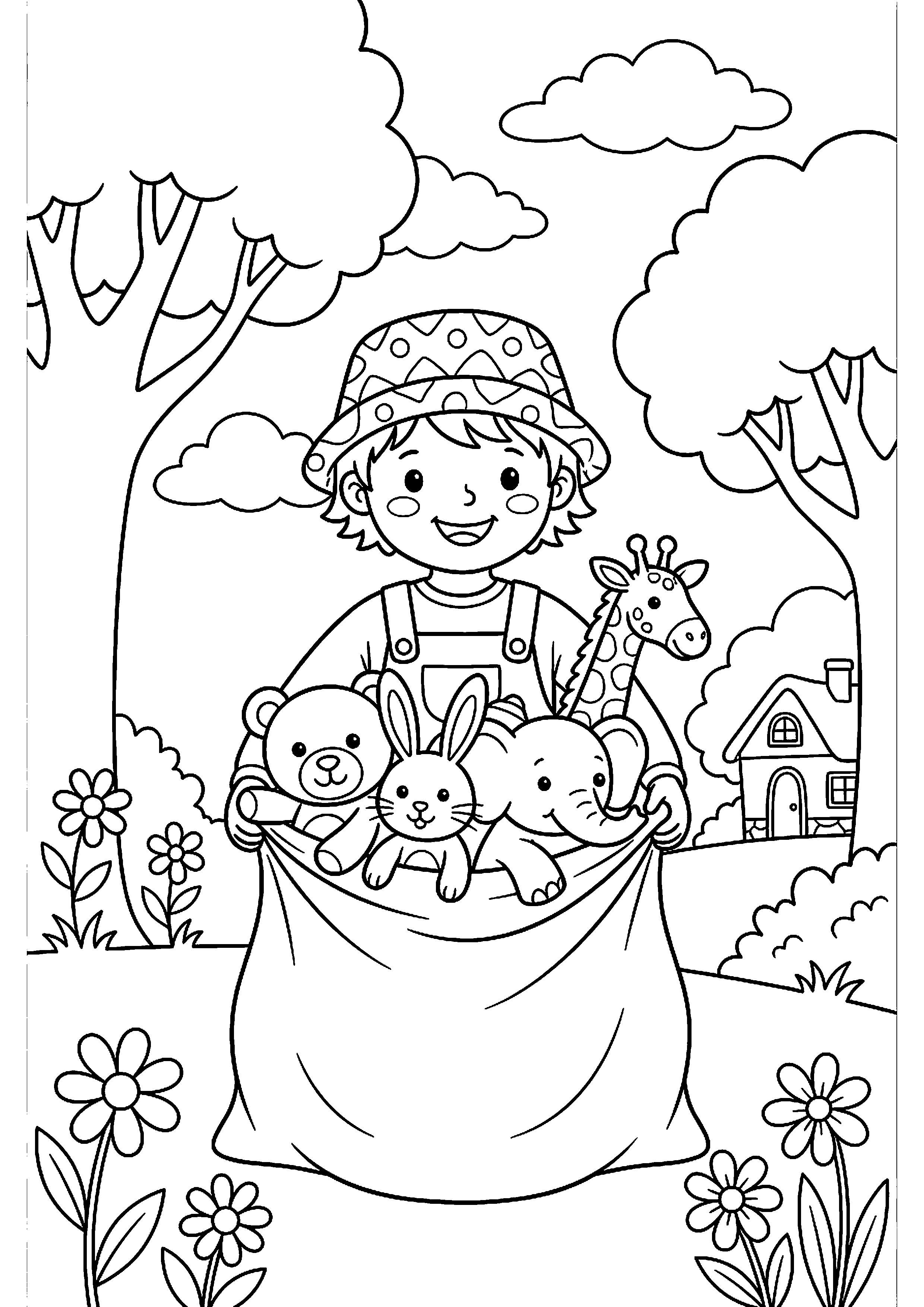 Kind met zak vol knuffels kleurplaat — gratis kleurplaat