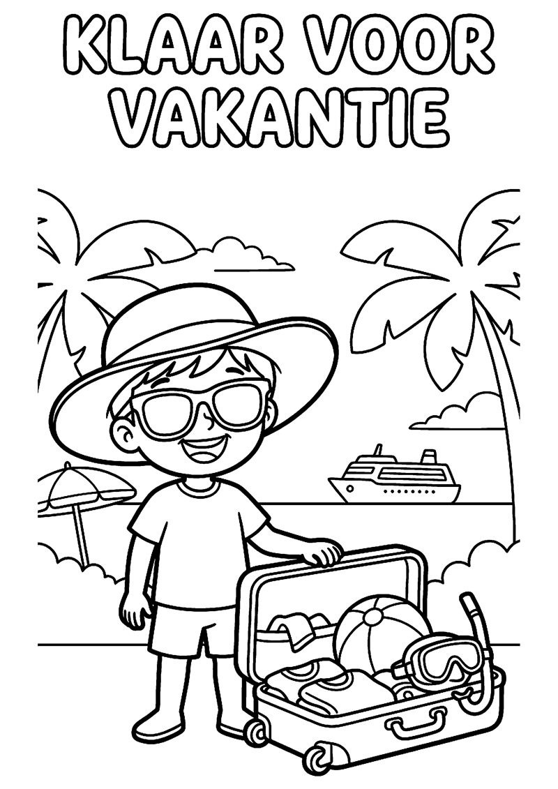 Kind met Zonnebril Pet en Koffer met Tekst Klaar voor Vakantie Vakantie Kleurplaat — gratis kleurplaat printen