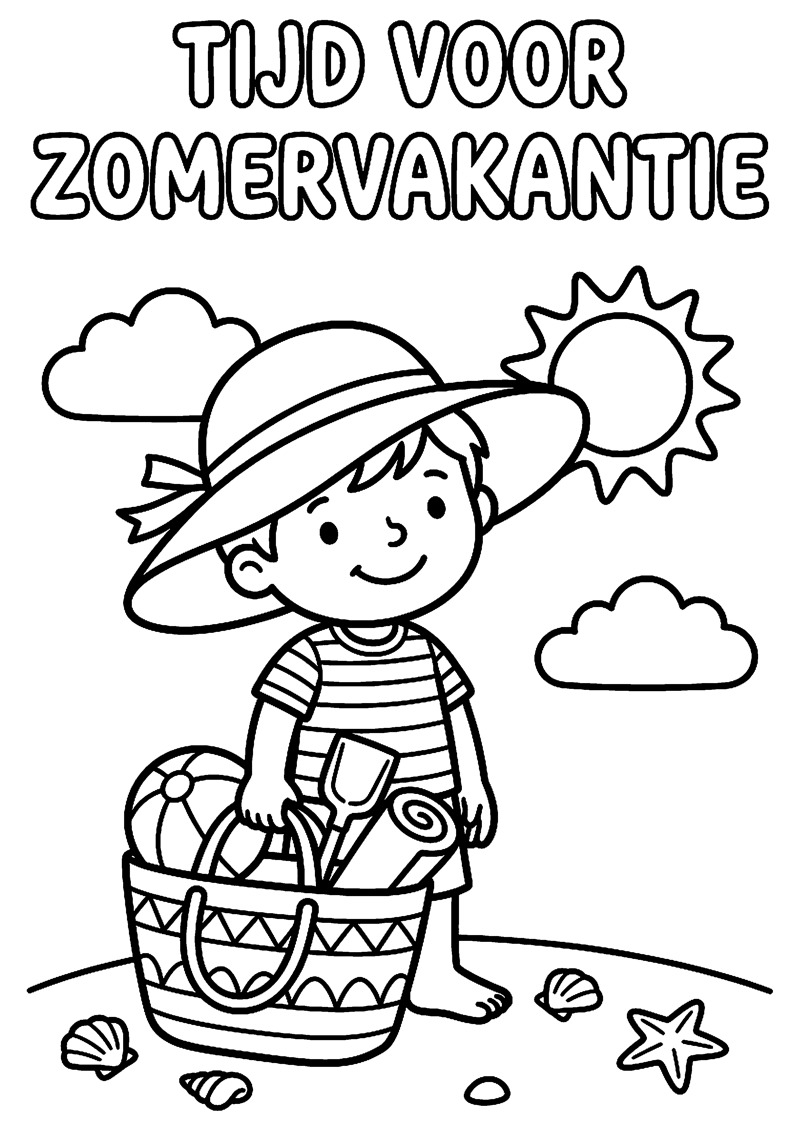 Kind met Zonnehoed en Strandtas met Tekst Tijd voor Zomervakantie Zomervakantie Kleurplaat — gratis kleurplaat