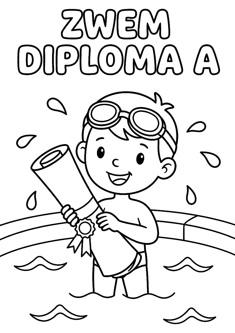 Kind met Zwembril Waterdruppels en Diploma met Tekst Zwemdiploma A Geslaagd Kleurplaat — gratis kleurplaat