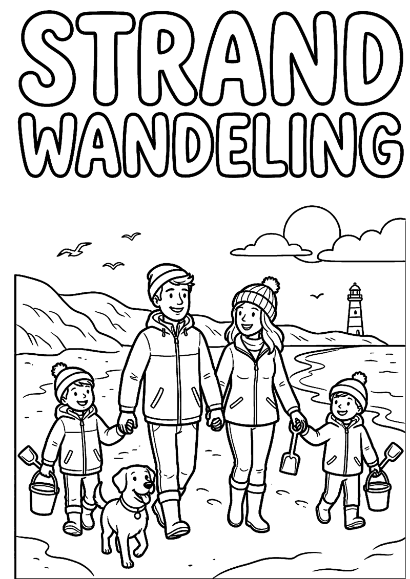 Kind of Gezin Wandelt Langs Strand met Tekst Strandwandeling Strand Kleurplaat — gratis kleurplaat printen