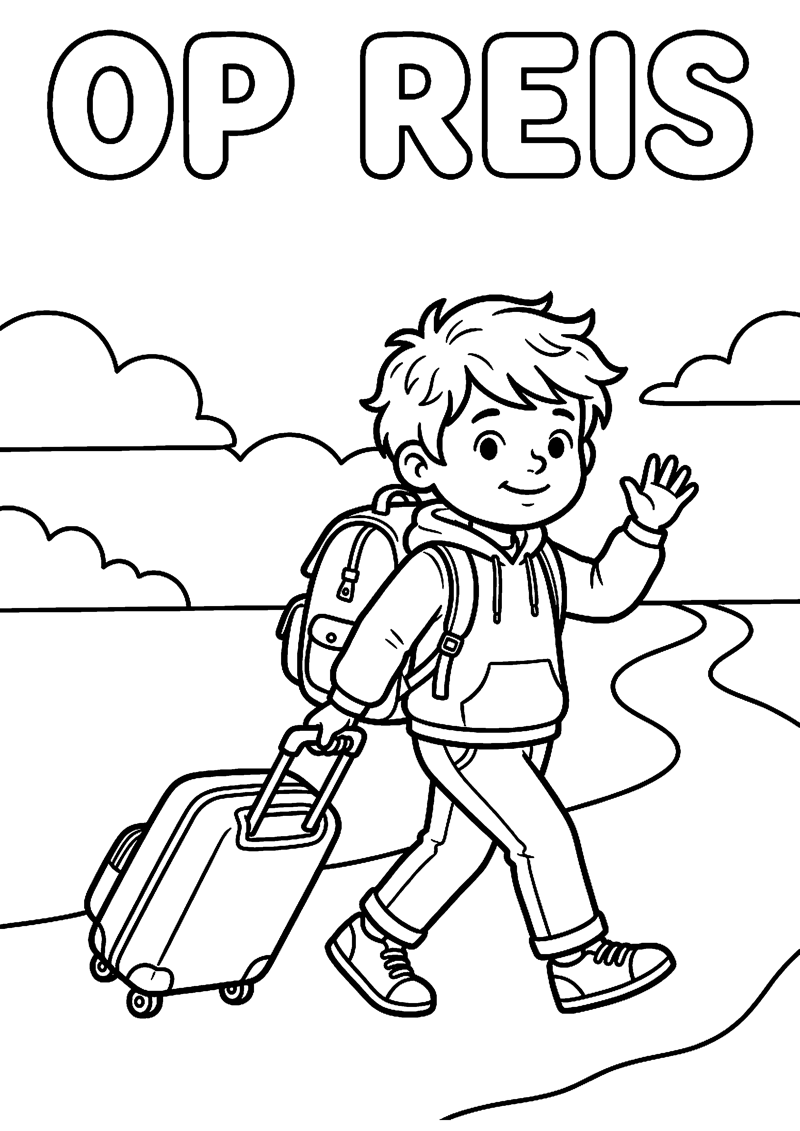 Kind op Reis met Koffer en Rugzak met Tekst op Reis Vakantie Kleurplaat — gratis kleurplaat printen