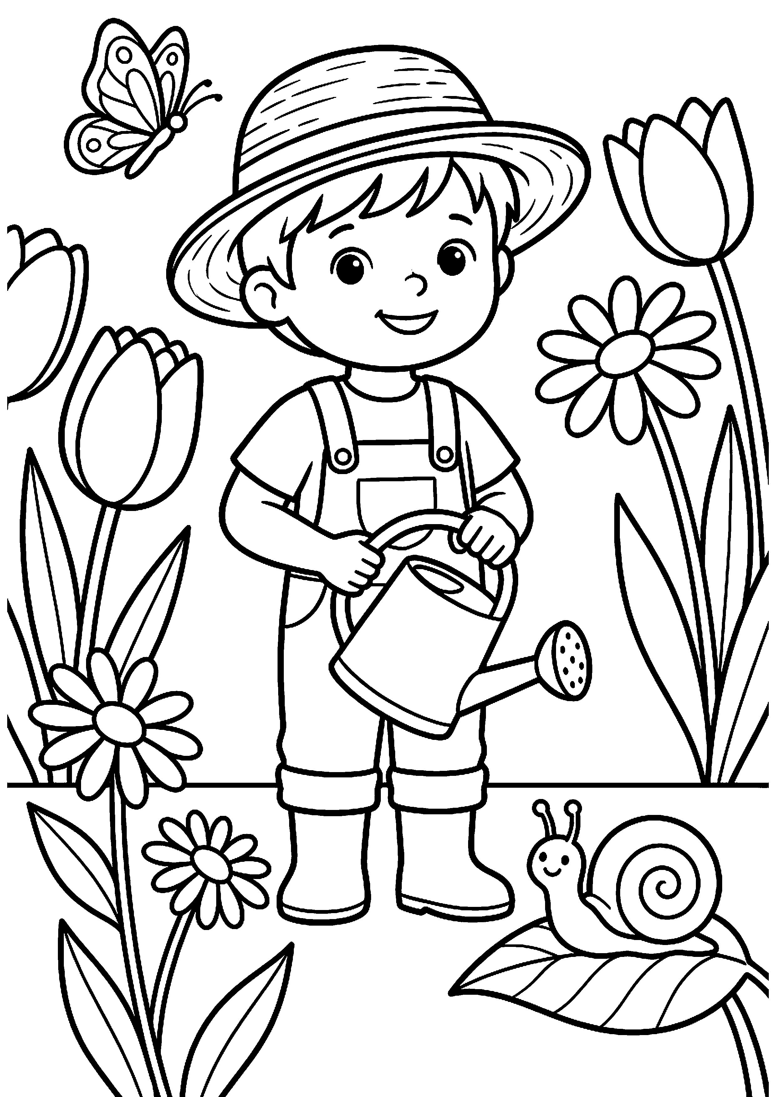 Kind speelt in lentetuin kleurplaat — gratis kleurplaat