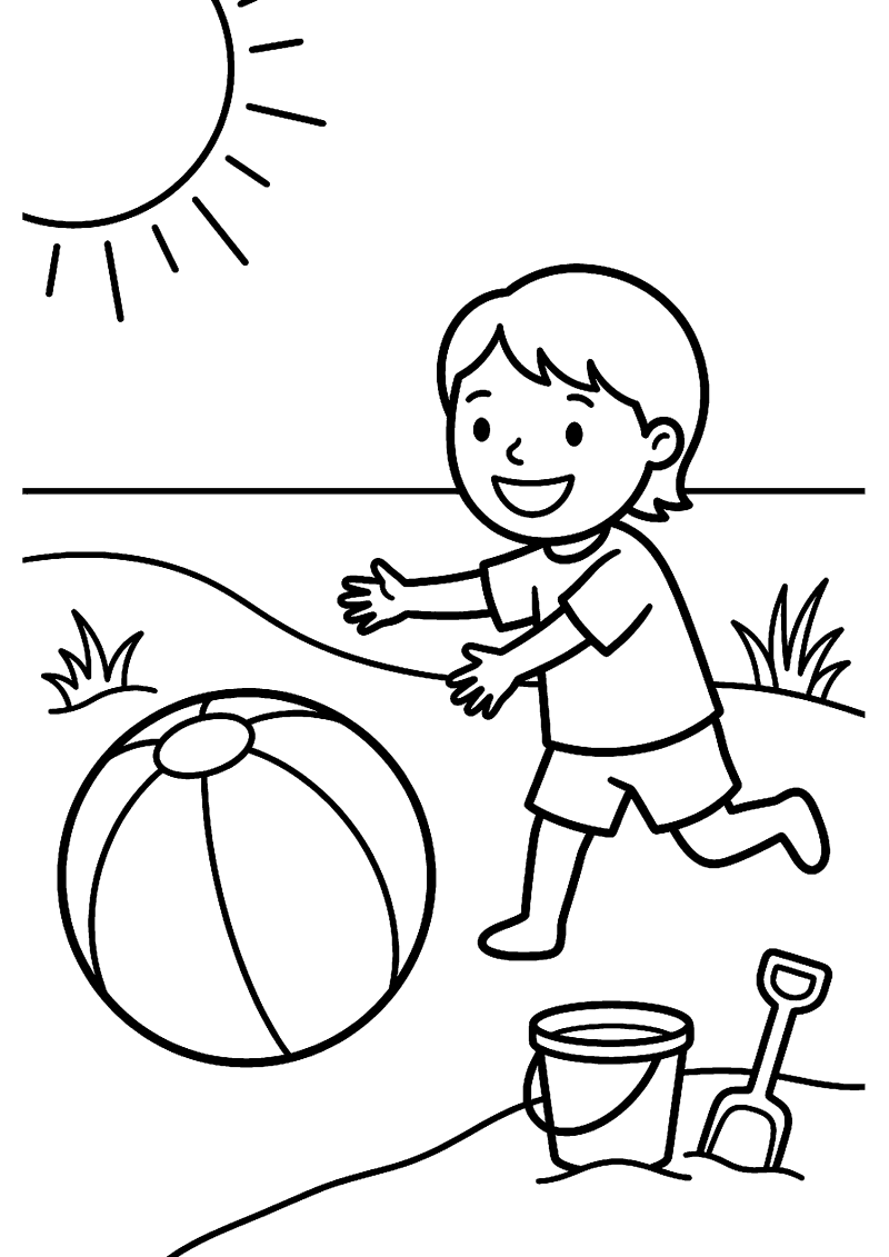 Kind speelt met strandbal kleurplaat — gratis kleurplaat
