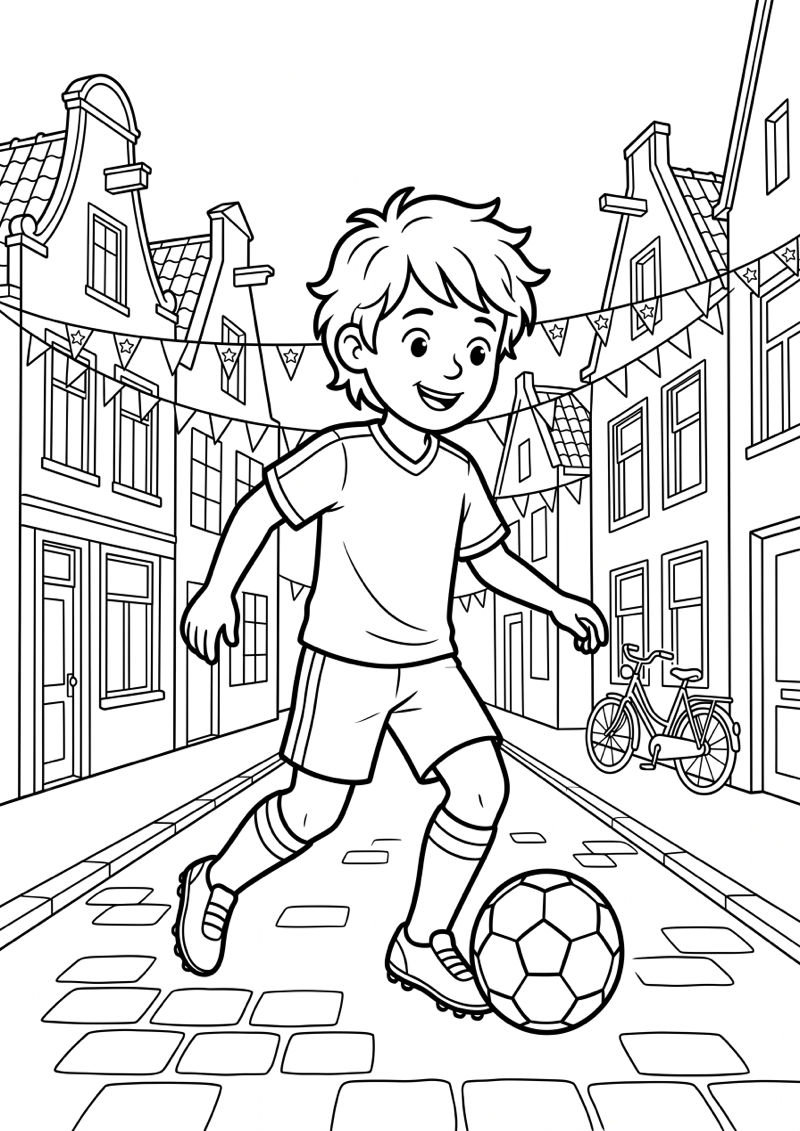 Kind Speelt Voetbal op Straat Kleurplaat — gratis kleurplaat printen