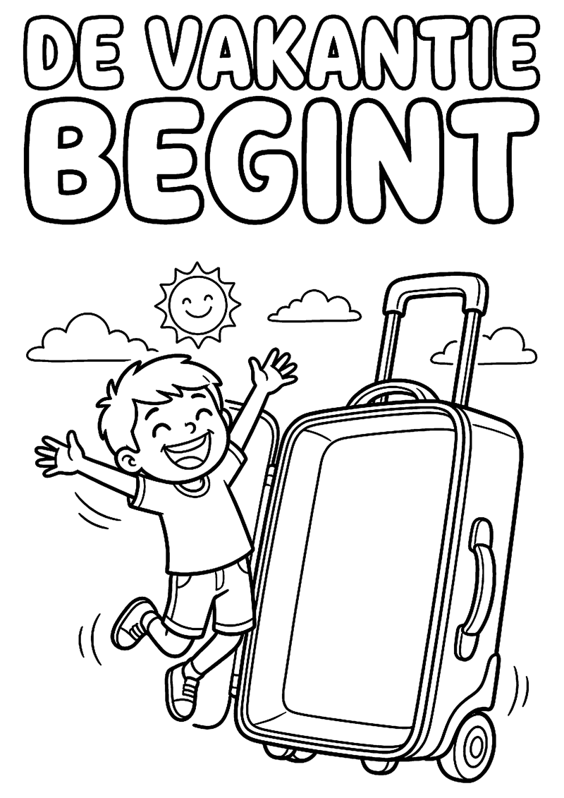 Kind Springt Blij Naast Grote Koffer met Tekst de Vakantie Begint Vakantie Kleurplaat — gratis kleurplaat printen