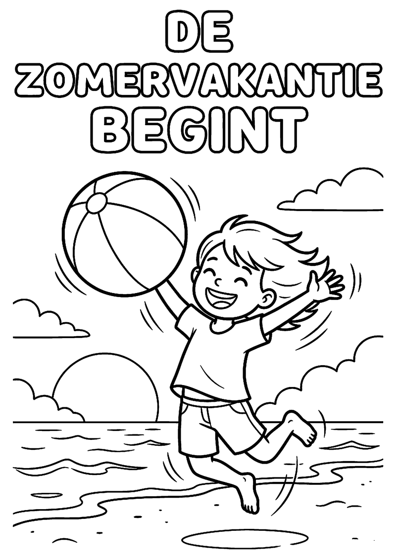 Kind Springt Vrolijk met Strandbal met Tekst de Zomervakantie Begint Zomervakantie Kleurplaat — gratis kleurplaat
