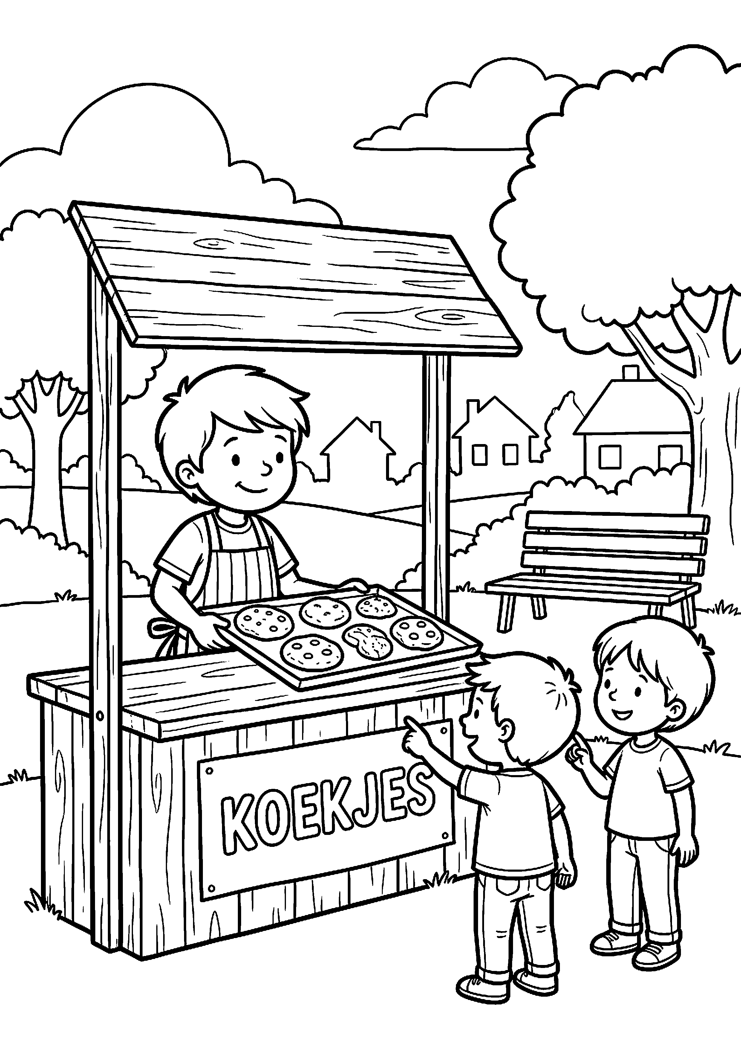Kind verkoopt koekjes kleurplaat — gratis kleurplaat
