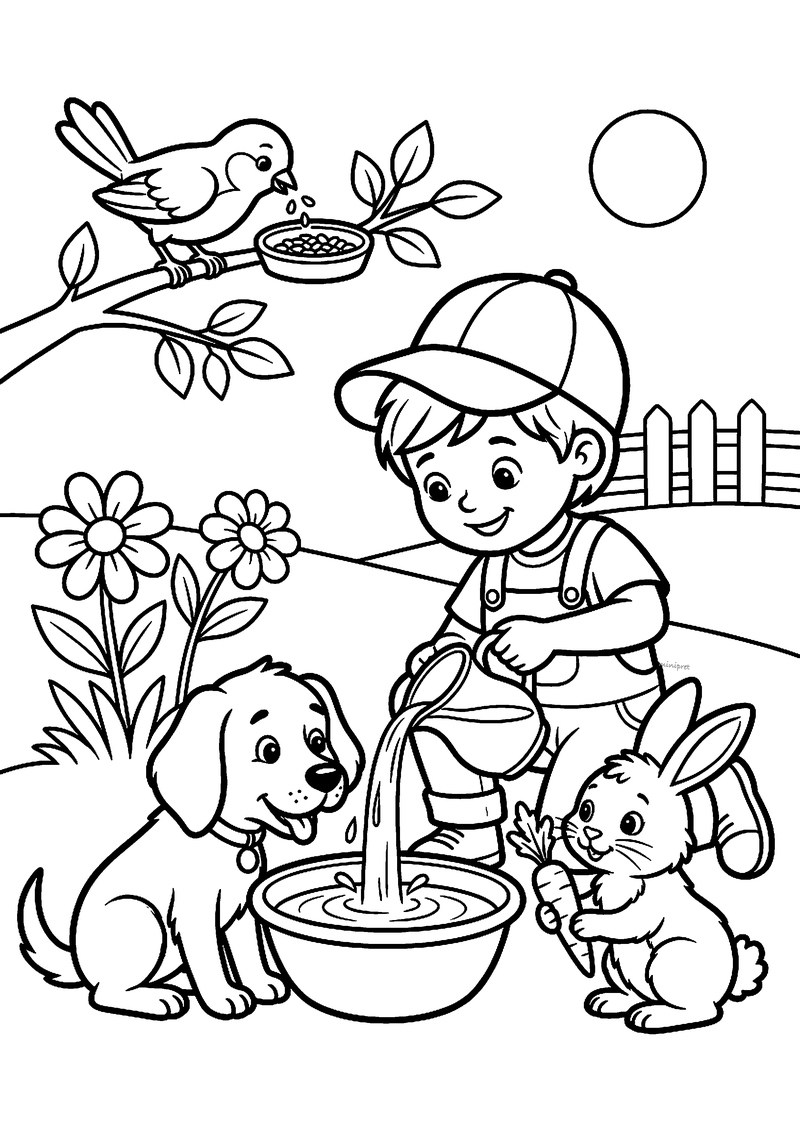 Kleurplaat van een jongen met pet die water in een bak giet voor een hond, met een konijn met wortel en een vogel
