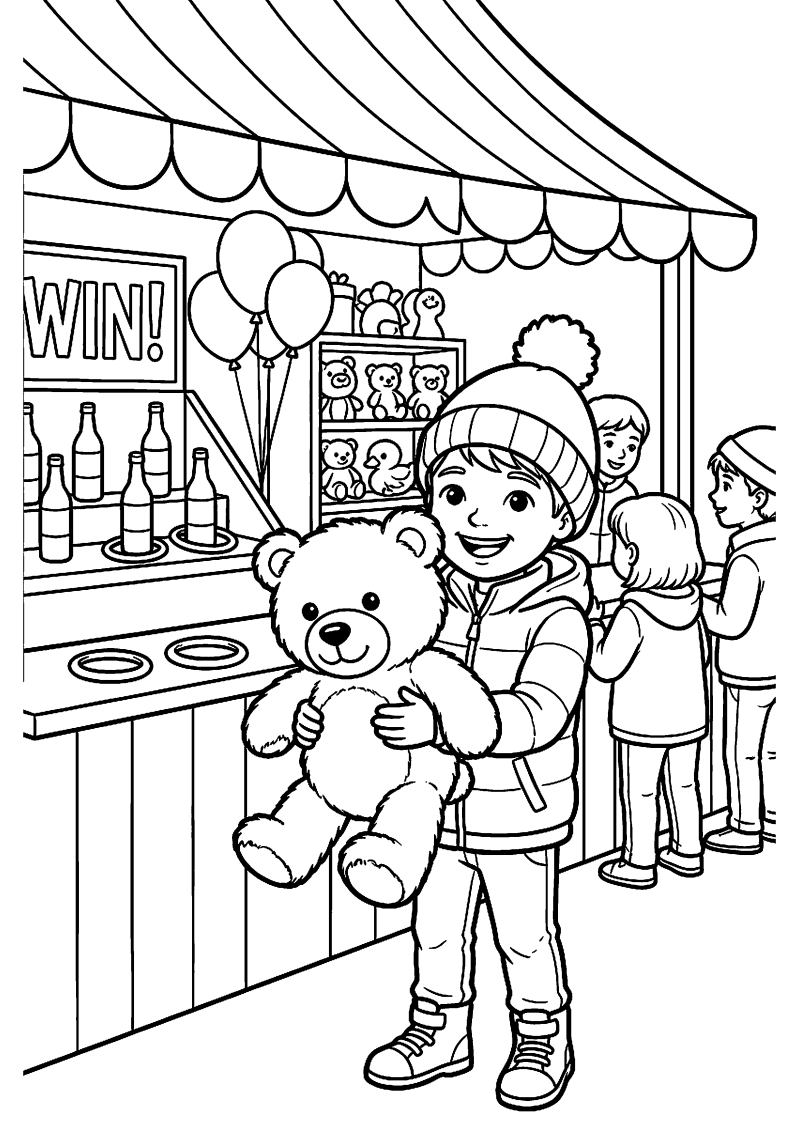 Kind wint knuffel bij kermisspel kleurplaat — gratis kleurplaat