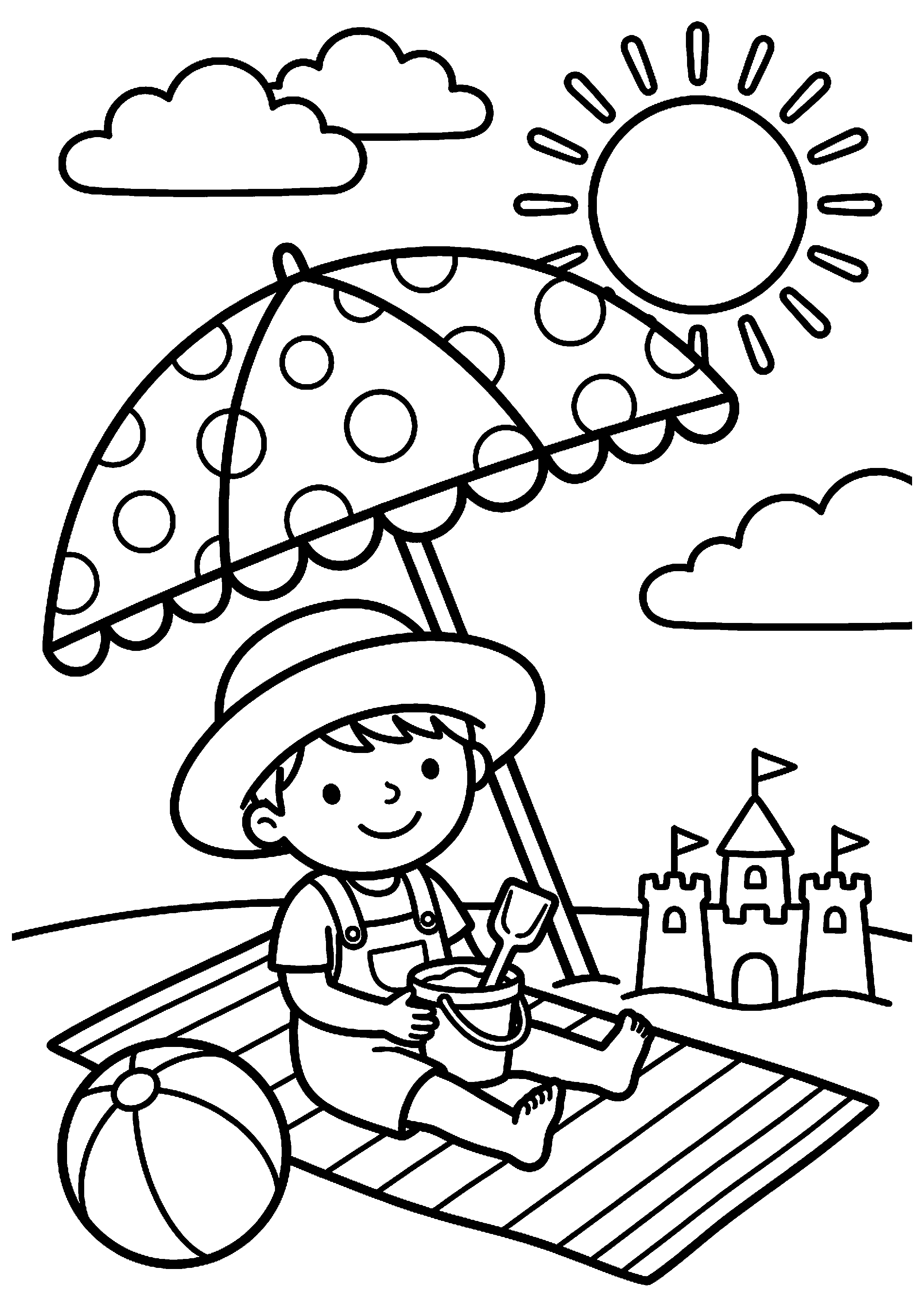 Kind zit onder parasol kleurplaat — gratis kleurplaat