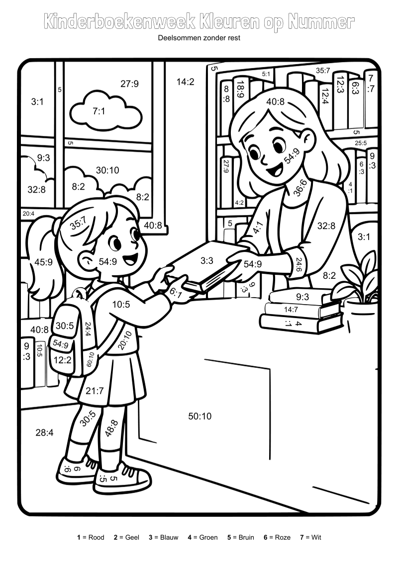 Kleurplaat van een meisje met rugzak dat een boek krijgt van de bibliothecaresse, met sommen