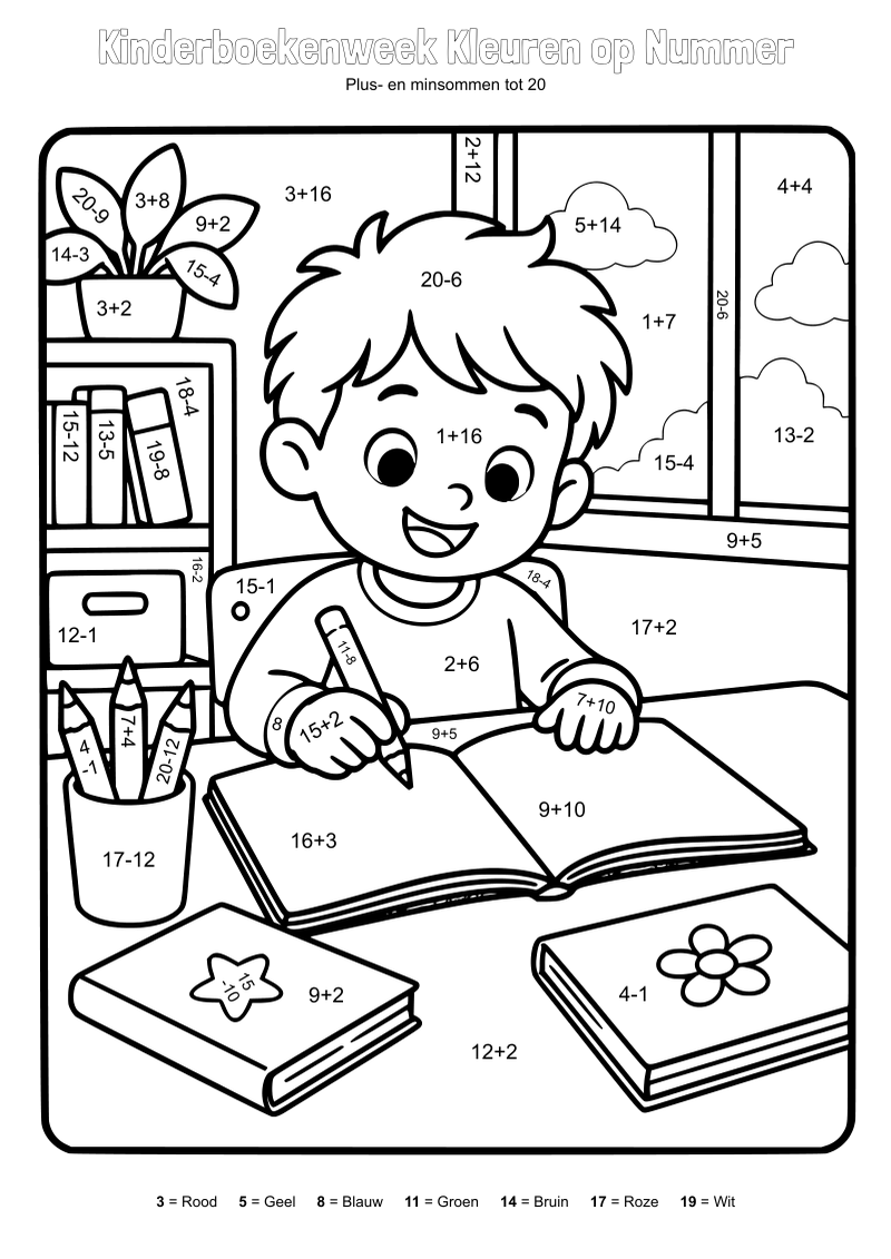Kleurplaat van een jongen die aan zijn bureau in een schrift schrijft, met boeken en potloden, met sommen
