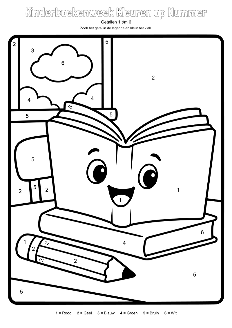 Kleurplaat van een lachend open boek op een stapel boeken met een potlood ervoor, met cijfers