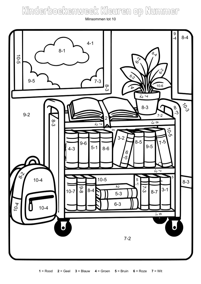 Kleurplaat van een boekenkar vol boeken met een plantje erop en een rugzak ernaast, met sommen