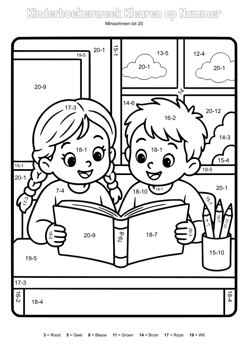Kleurplaat van een meisje en een jongen die samen een boek lezen aan tafel bij het raam, met sommen