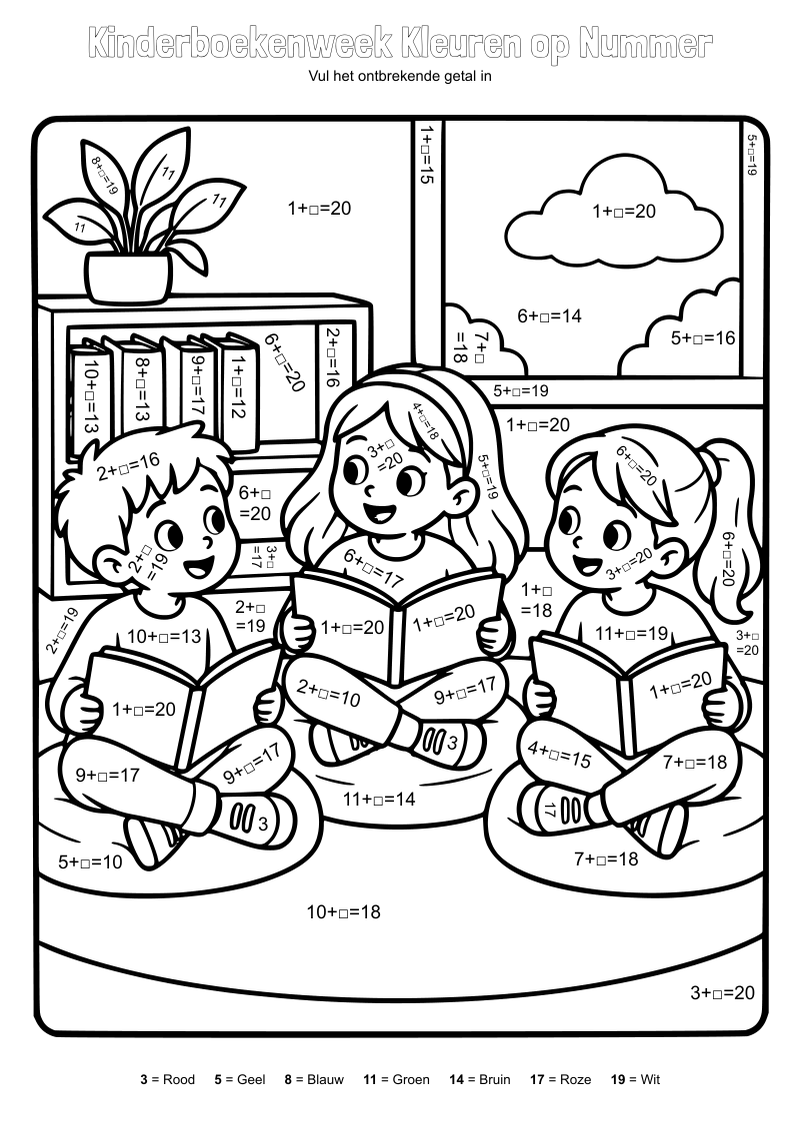 Kleurplaat van drie kinderen die op kussens in de leeshoek elk een boek lezen, met sommen