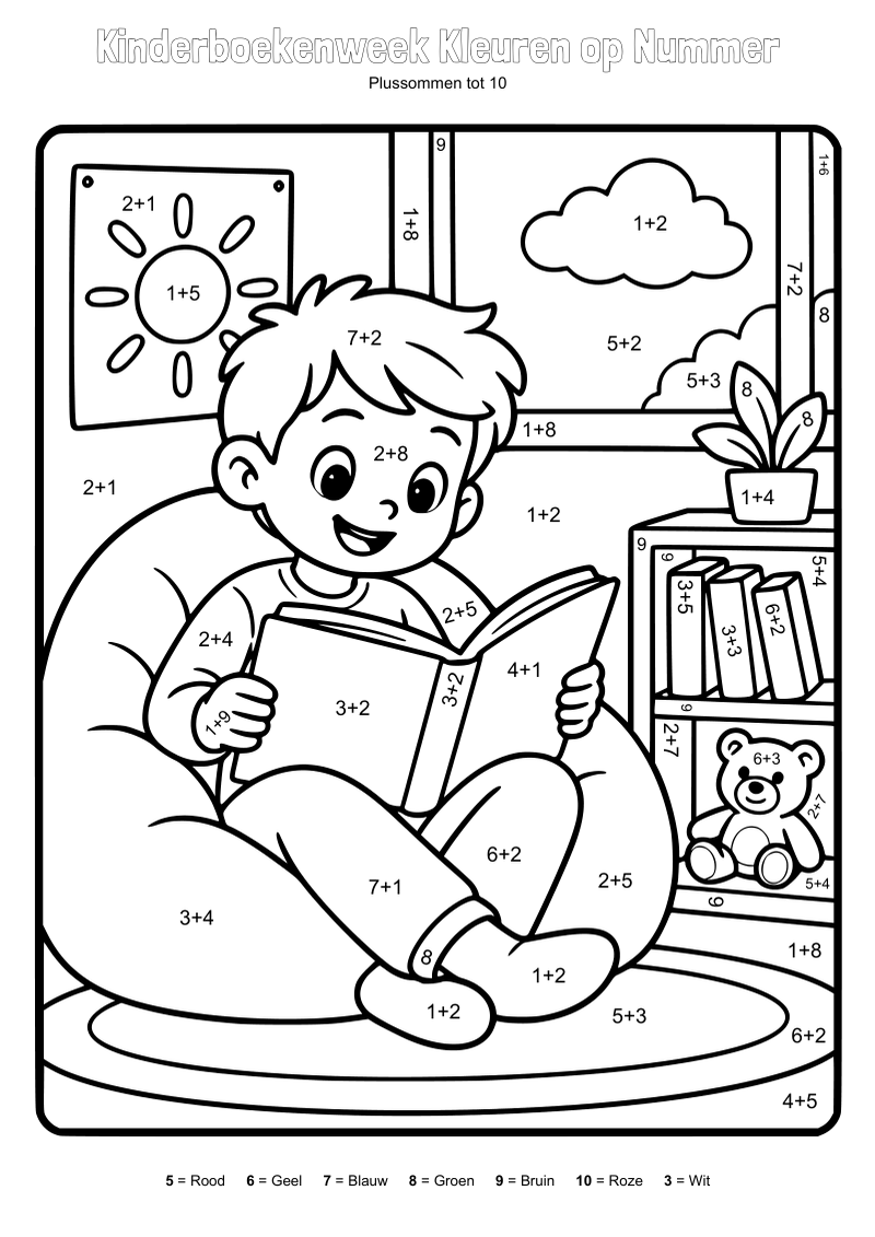 Kleurplaat van een jongen die leest in een zitzak, met een knuffelbeer en een boekenkastje, met sommen