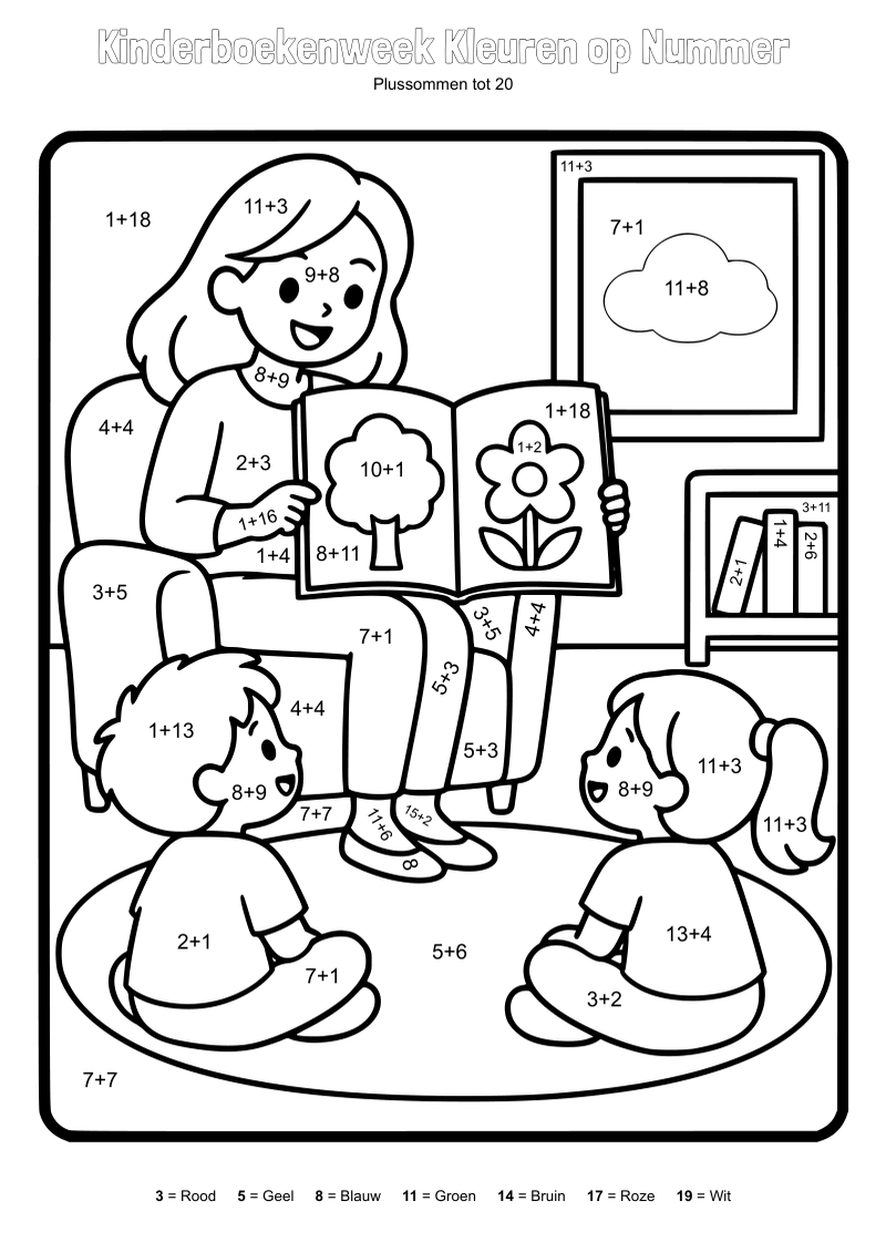 Kleurplaat van een juf die voorleest uit een prentenboek aan twee kinderen op een kleed, met sommen
