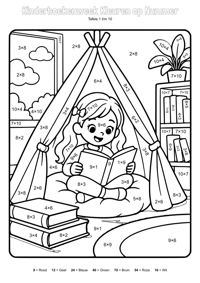 Kleurplaat van een meisje dat leest in een leestentje met kussens en een stapel boeken, met sommen