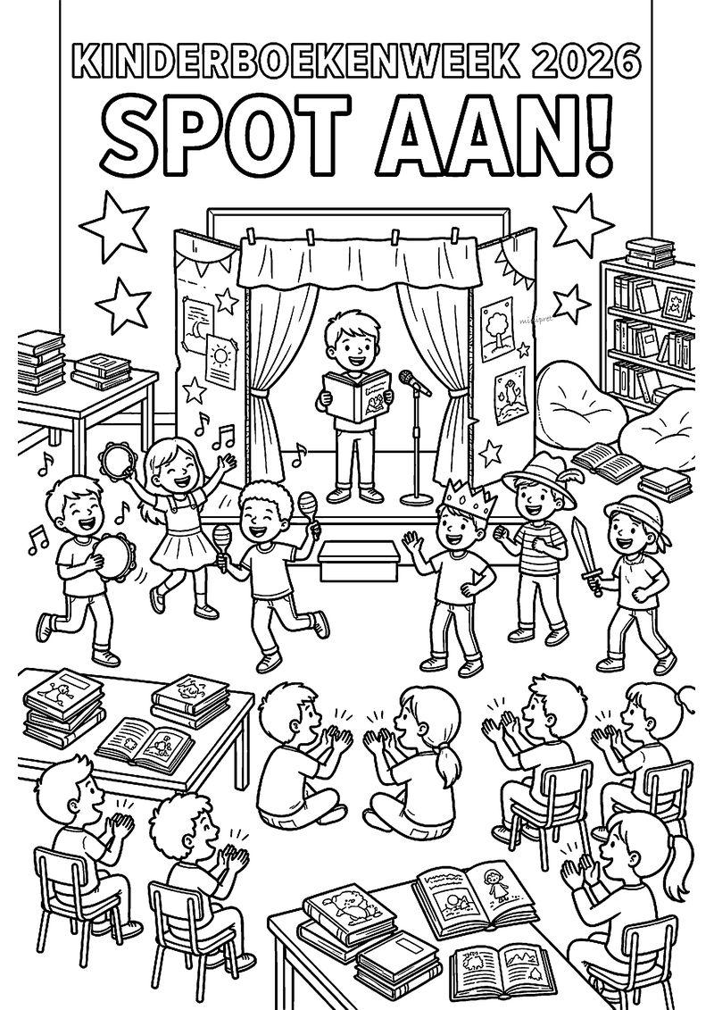 Kleurplaat Kinderboekenweek 2026 Spot aan! met een klassentheater, muzikanten, verklede kinderen en applaus