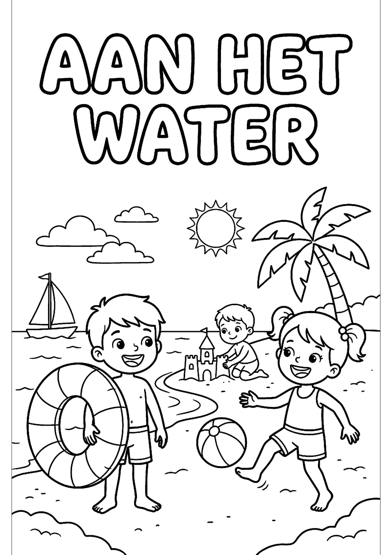 Kinderen bij Water met Zwemband en Strandbal met Tekst aan het Water Zomervakantie Kleurplaat — gratis kleurplaat