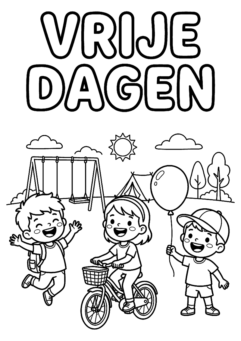 Kinderen Blij met Hun Vrije Dagen en Vakantie met Tekst Vrije Dagen Vakantie Kleurplaat — gratis kleurplaat printen