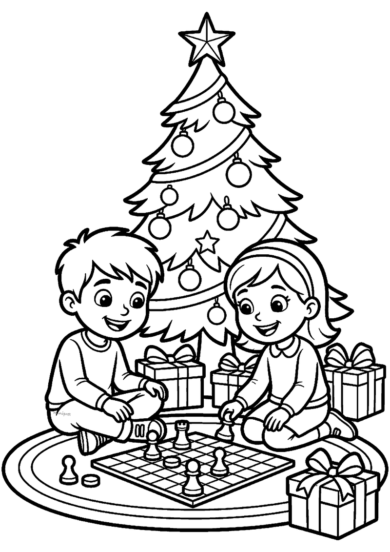 Kleurplaat van een jongen en meisje die schaken op een rond tapijt onder een grote kerstboom met cadeaus.