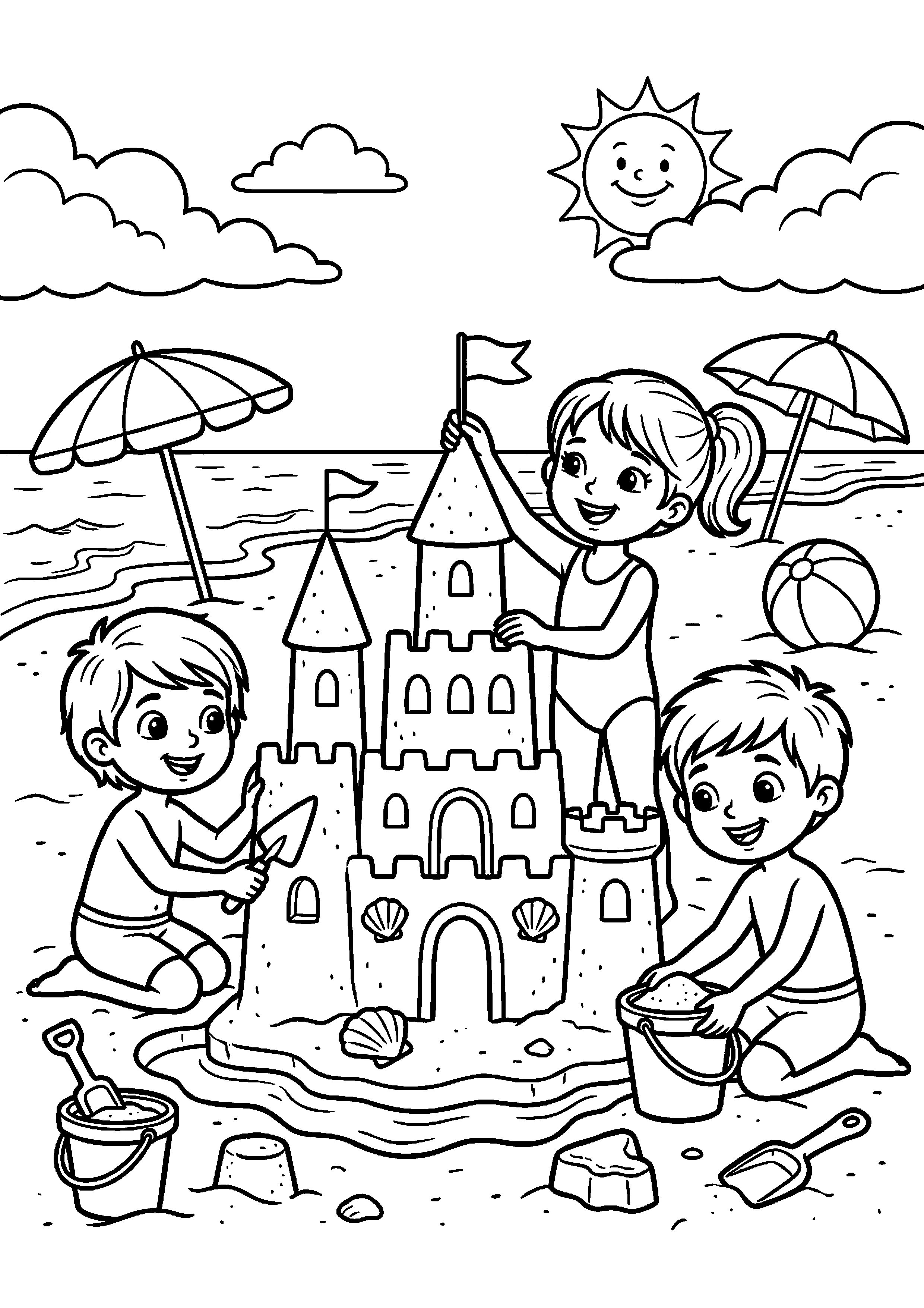 Kinderen bouwen groot zandkasteel kleurplaat — gratis kleurplaat