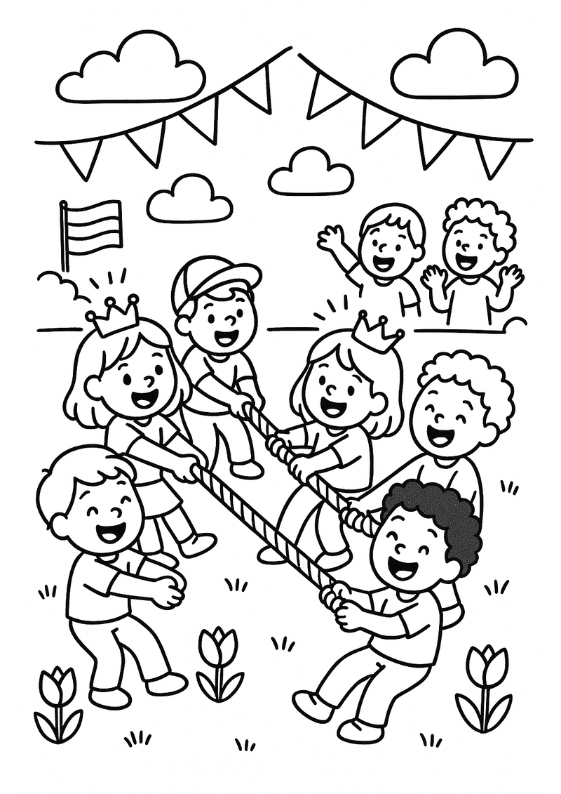 Kinderen doen Touwtrekken Koningsdag Kleurplaat — gratis kleurplaat printen